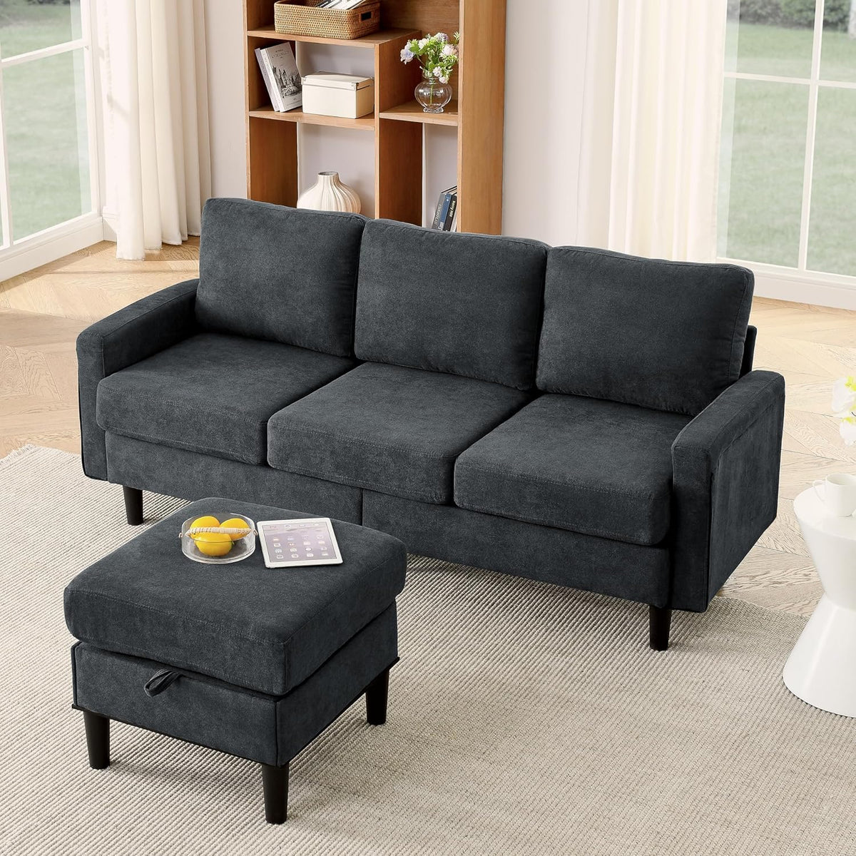 Dark Gray Fabric L Shaped Sectional Sofa with Storage Ottoman B2055