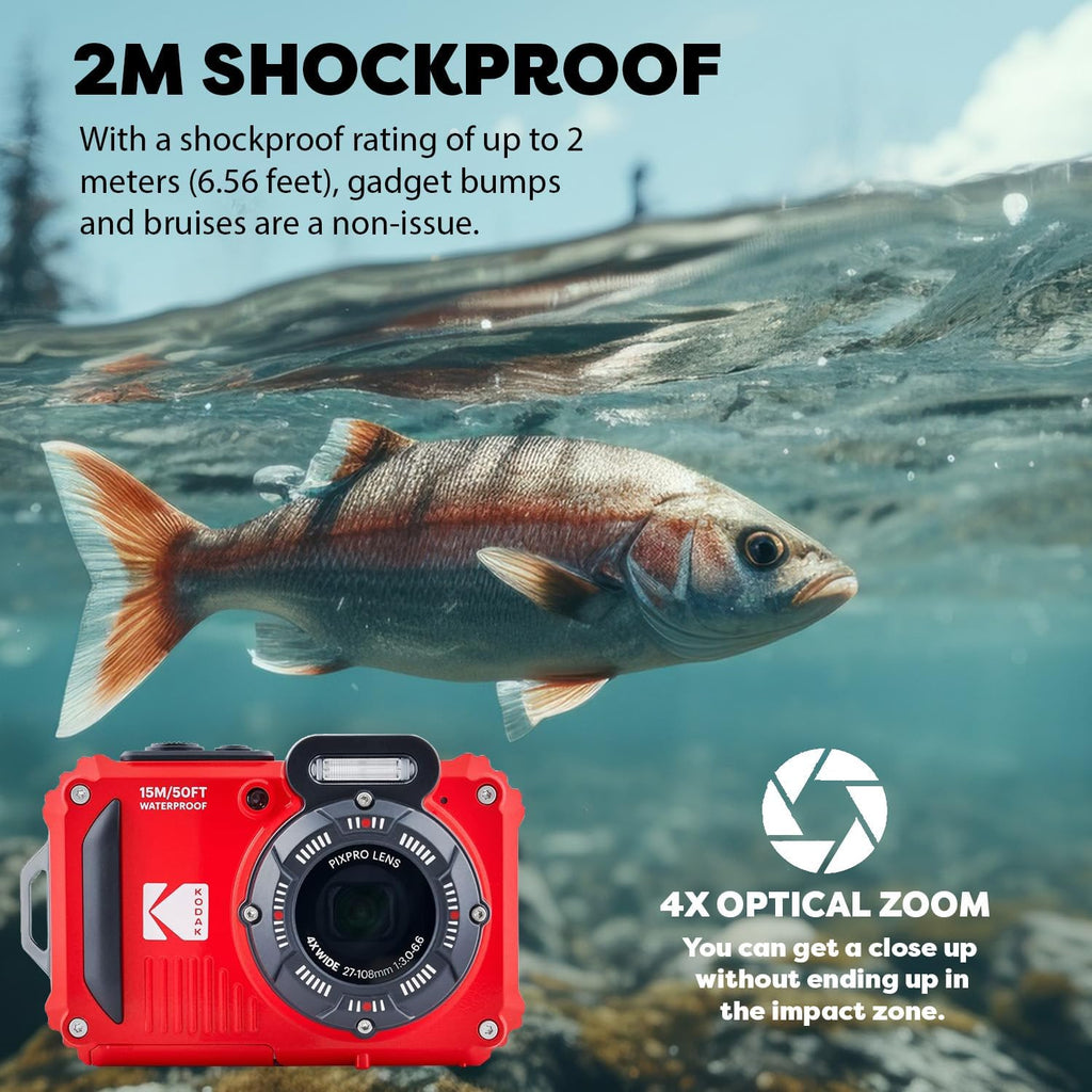 Red Rugged Waterproof Digital Camera with Case, Monopod, Card Reader (9 Items) F678706
