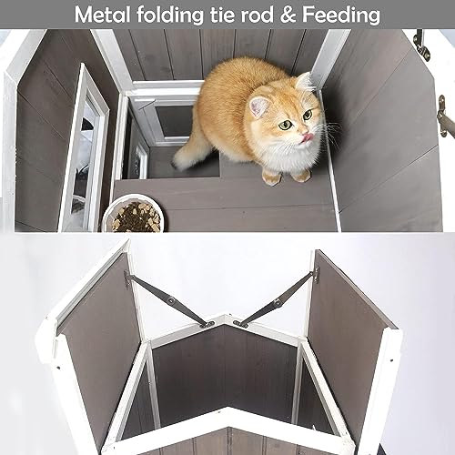 Outdoor Cat Shelter Weatherproof Two Story Wooden Cat House with Openable Roof Escape Door N765