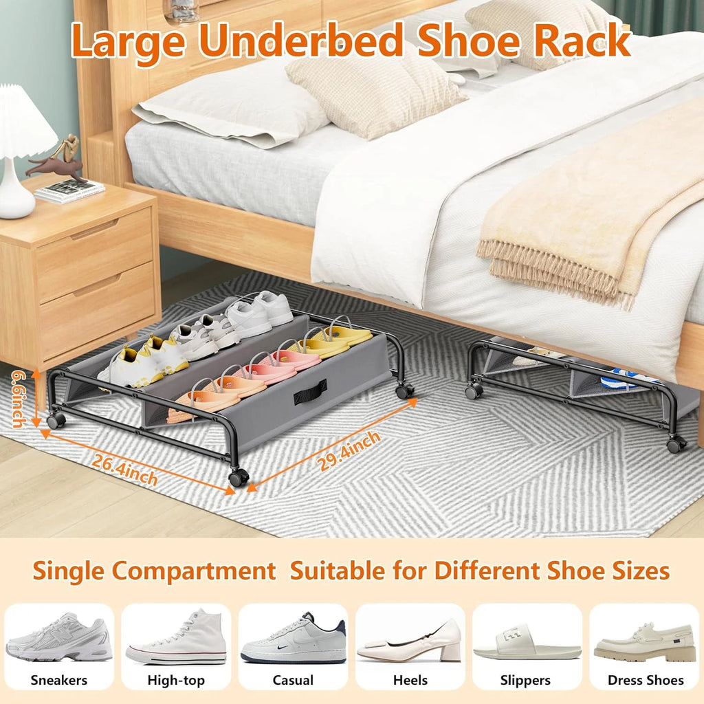 2 Pack Rolling Under Bed Shoe Storage with Breathable Mesh Pockets O102811