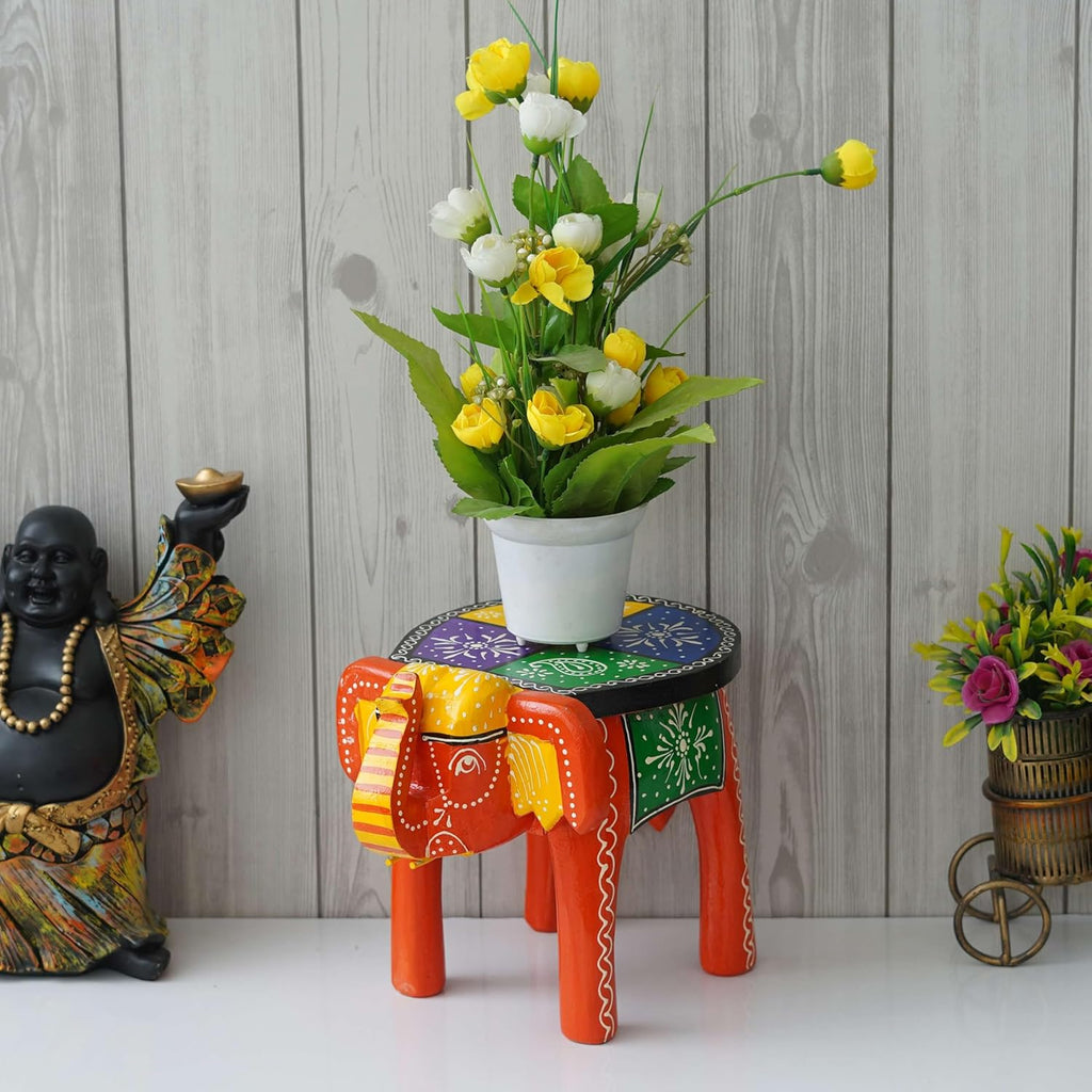 Handcrafted Emboss Painted Colorful Wooden Elephant Shape Stool Table Medium T603