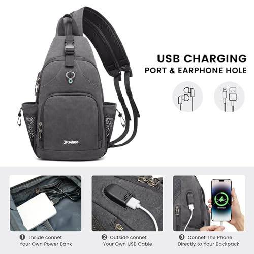 Canvas Sling Bag Crossbody Backpack with USB Charging Port (Dark Grey) I5112
