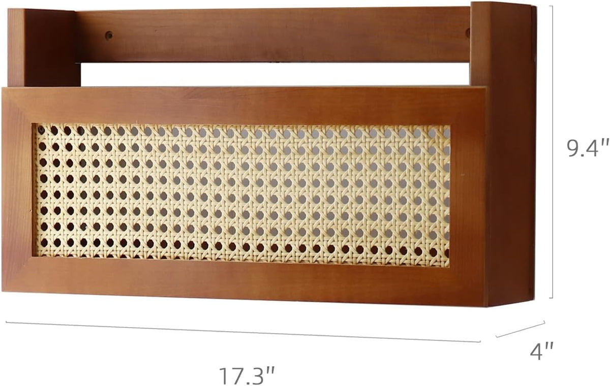 Wall Wood Magazine Rack with PE Rattan Grid, Size 17.3" x 4" x 9.4", Brown S2051