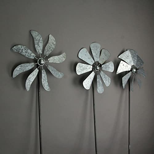 Set of 3 Galvanized Grey Wind Spinner Garden Stakes, 41 Inches High P79757