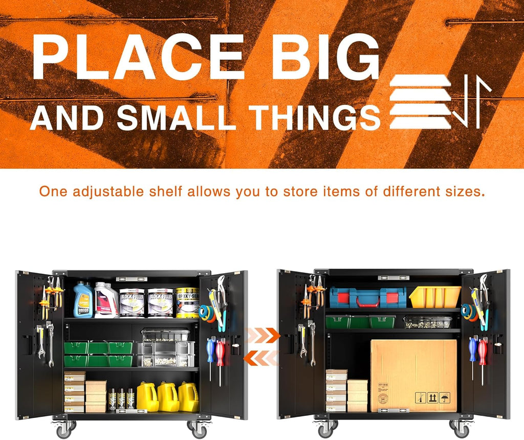 Black Metal Steel Storage Cabinet with Wheels and Pegboard F631884