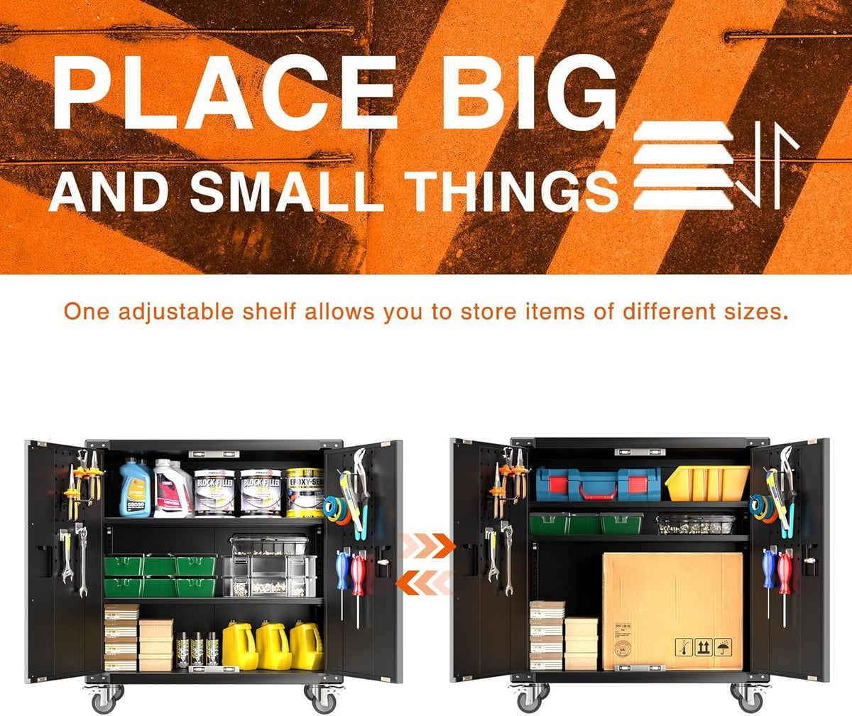 Black Metal Steel Storage Cabinet with Wheels and Pegboard F631884