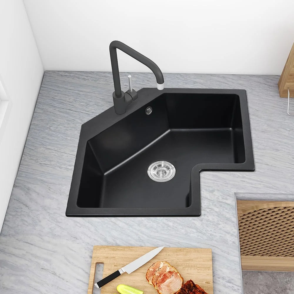 Black Drop In Corner Kitchen Sink Single Bowl Quartz W163