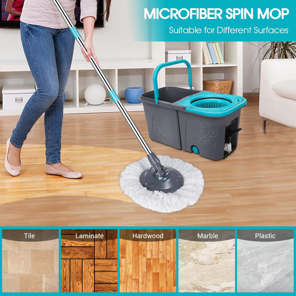 Spin Mop and Bucket with Wringer Set, Microfiber Mop Bucket with 6 Replacement Refills R897