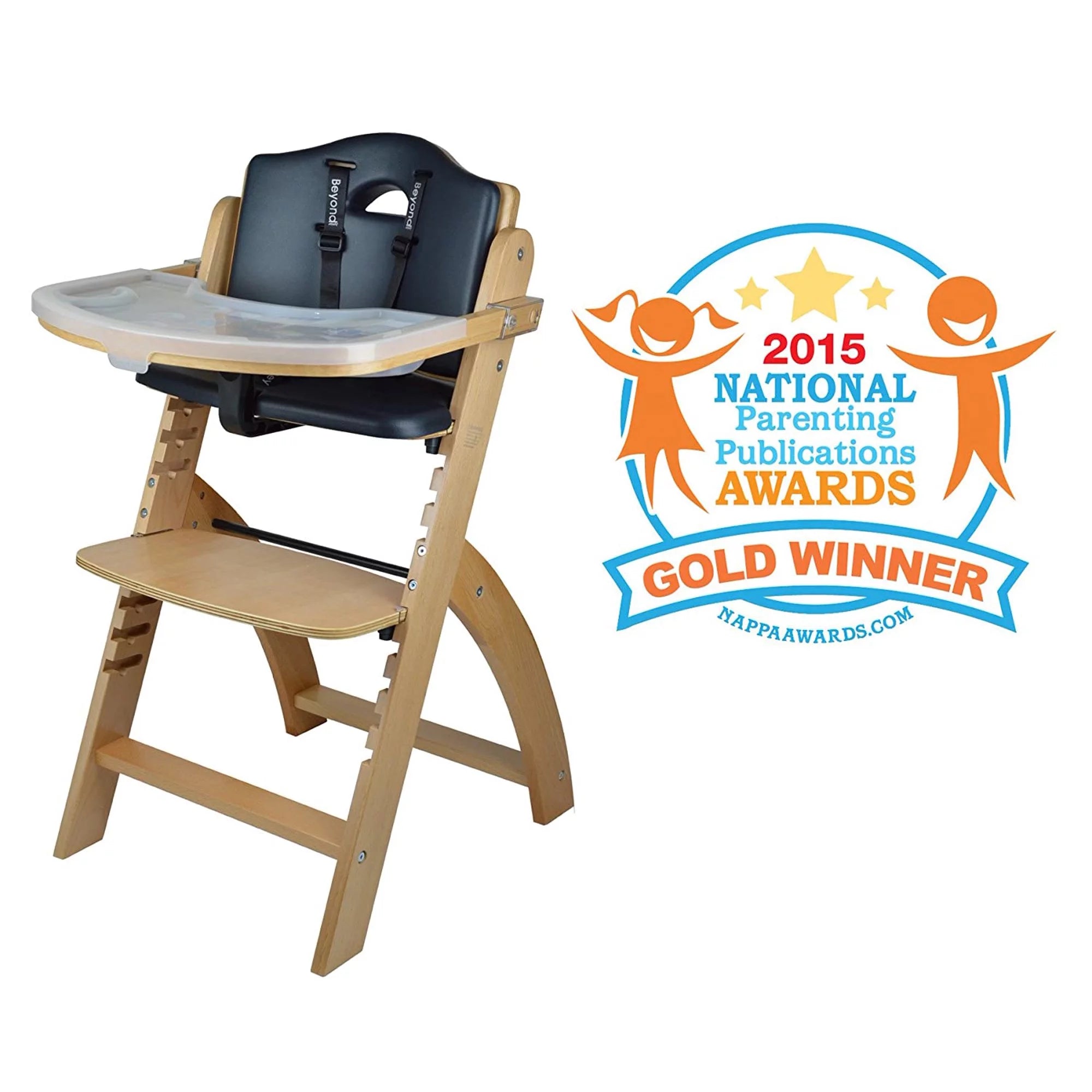 Natural Wood Black Cushion Adjustable Wooden High Chair with Tray J1499