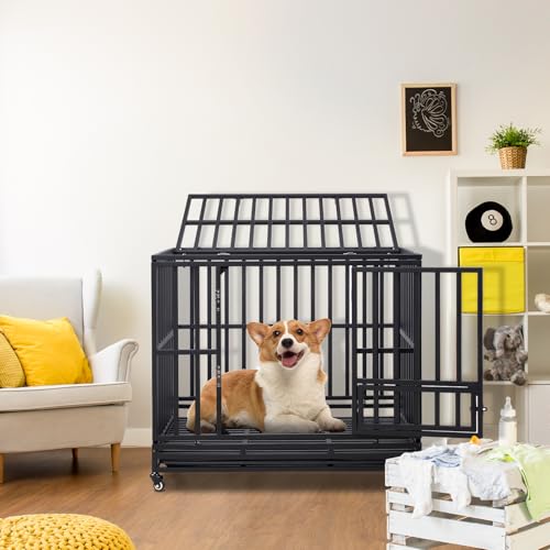 42" Large Metal Wire Dog Crate with Lockable Wheels, Double Door B31096