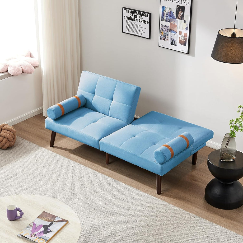 Blue Linen Futon Sofa Loveseat Convertible Sleeper Bed with Solid Wood Legs Adjustable Backrests E548818