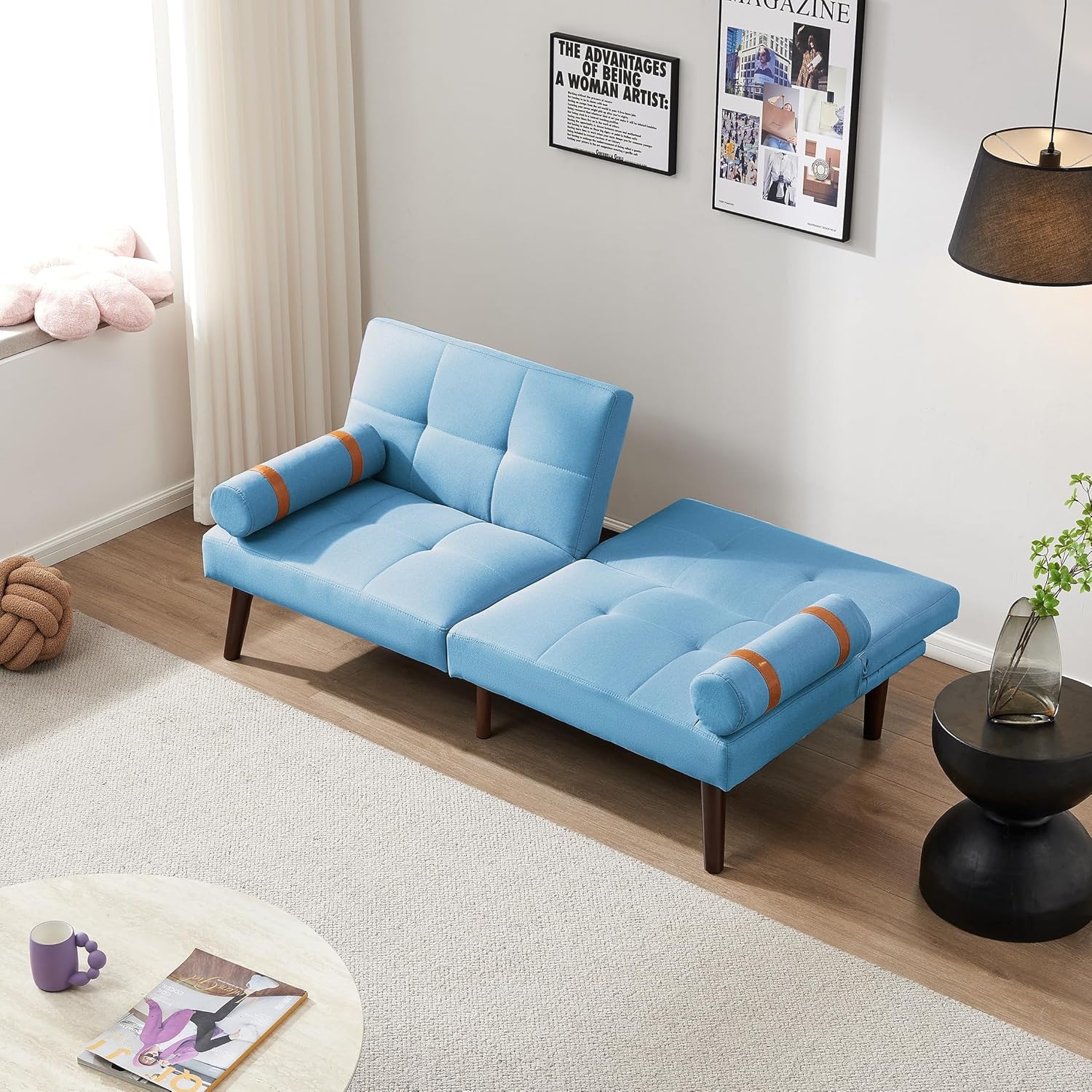Blue Linen Futon Sofa Loveseat Convertible Sleeper Bed with Solid Wood Legs Adjustable Backrests E548818