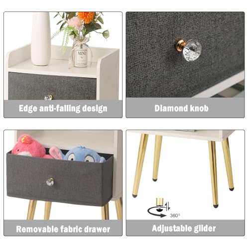 White Nightstand with Drawer Fabric Cabinet Storage with Sliding Drawers and Shelf P768