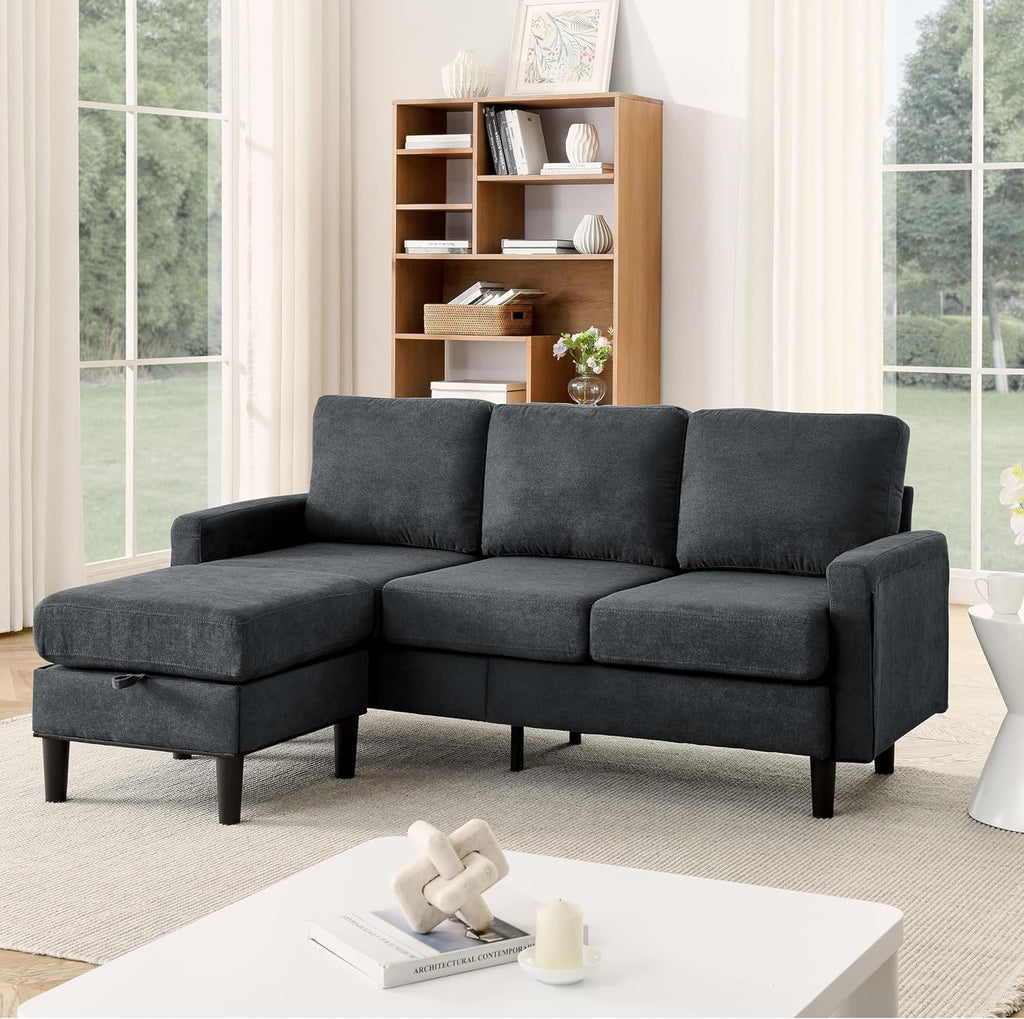 Dark Gray Fabric L Shaped Sectional Sofa with Storage Ottoman B2055