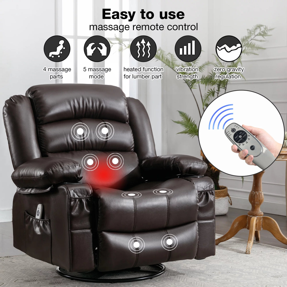 Brown Ergonomic Swivel Rocker Recliner Chair with Vibration Massage and Heat N99032