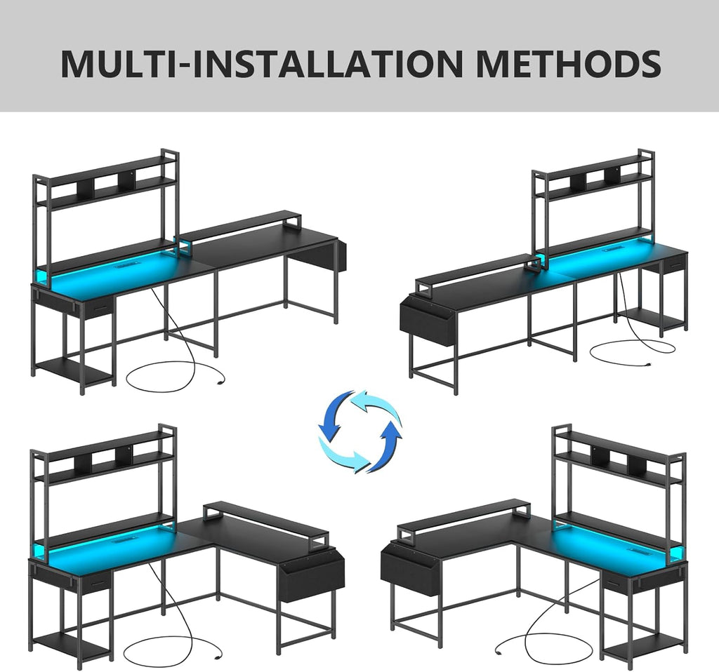L Shaped Gaming Computer Desk with Monitor Shelf, Power Outlets & LED Lights P6877