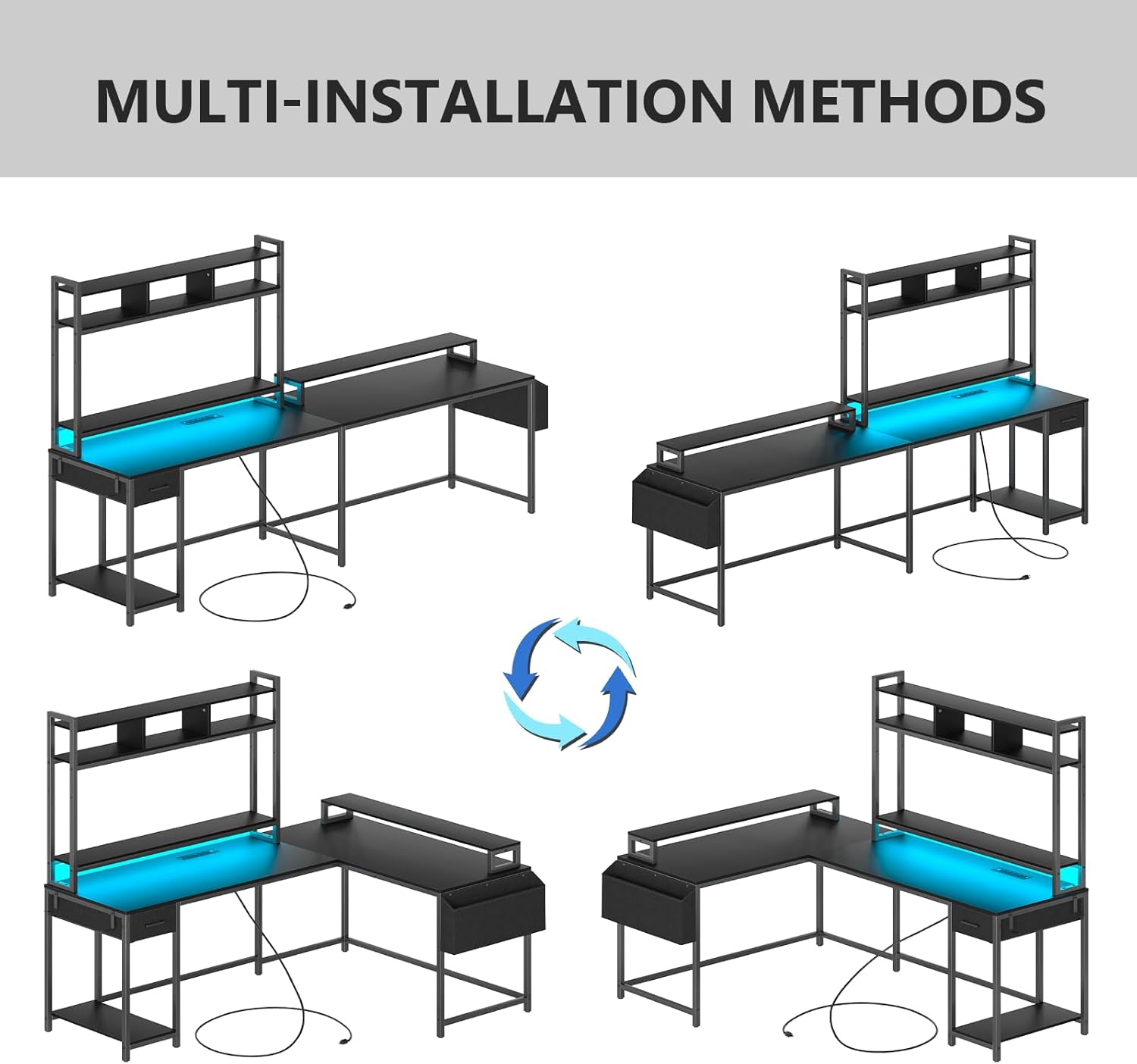 L Shaped Gaming Computer Desk with Monitor Shelf, Power Outlets & LED Lights P6877