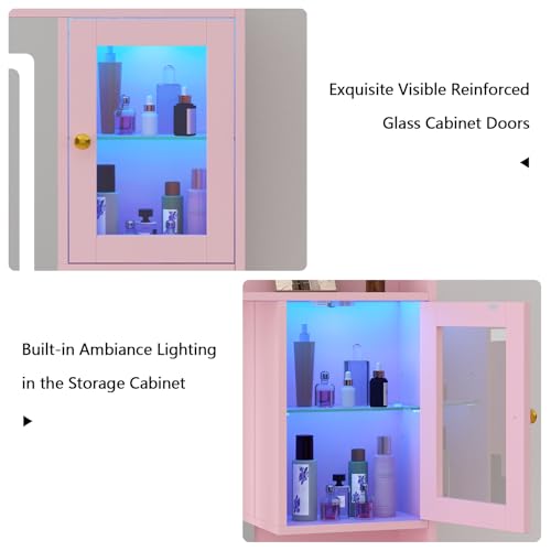 White Makeup Vanity Desk with Mirror and Lights, Large Vanity Table Set with Charging Station, Dressing Table with RGB Cabinets, 3 LED Lights Modes A544