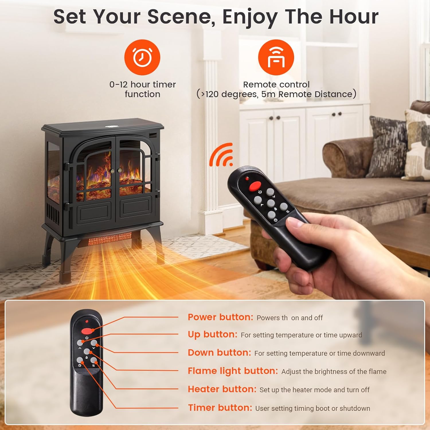 24'' Electric Fireplace Heater with Remote Control, 3D Realistic Flame, 750/1500W K282379
