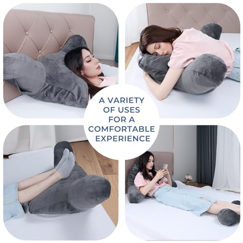 Grey Backrest Pillow with Arms, Headrest, Pockets, Removable Washable Cover, Detachable Neck Roll (Large 27") X66466