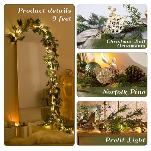 6Ft Prelit Christmas Garland with Pine Cone, Bow Ornaments (Green Gold) M968