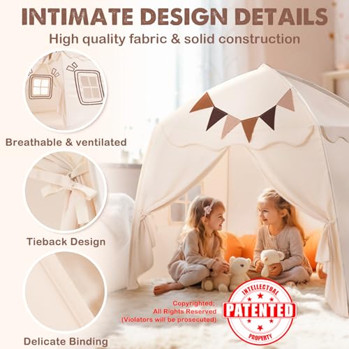 Cream Extra Large Kids Play Tent with Flags & Star Lights, 59x39x59 in Y369273