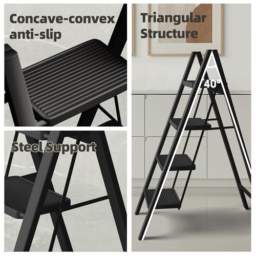 Black Steel Folding Step Ladder with Anti-Slip Wide Pedal S5020