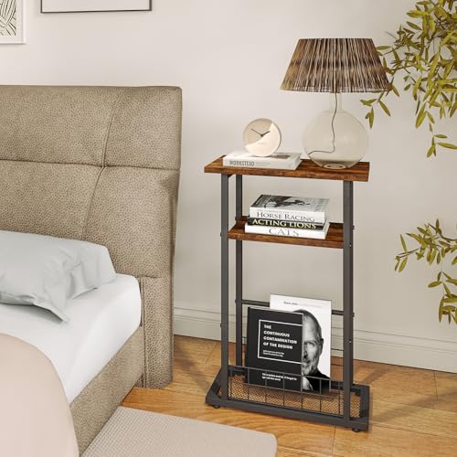 3-Tier Narrow End Table with Magazine Holder Rustic Brown Q51040
