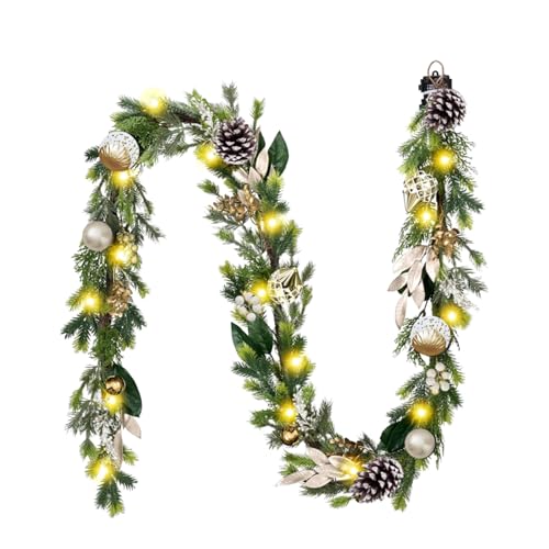 6Ft Prelit Christmas Garland with Pine Cone, Bow Ornaments (Green Gold) M968