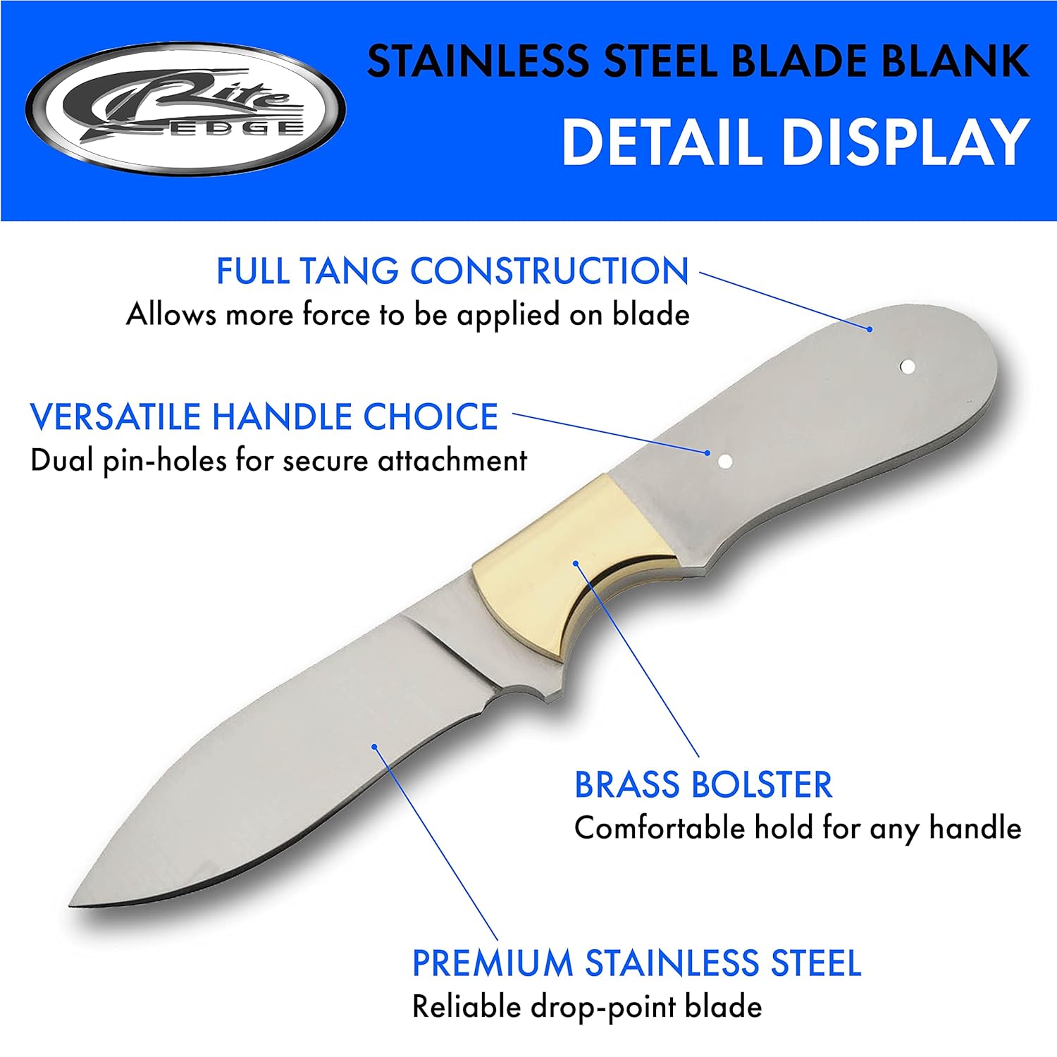 7.75" Full Tang Stainless Steel Drop Point Knife Blade Blank R818373