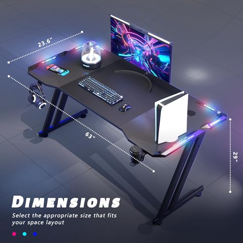 47 Inch Gaming Desk with LED Lights Carbon Fibre Surface S82709