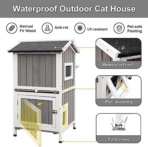 Outdoor Cat Shelter Weatherproof Two Story Wooden Cat House with Openable Roof Escape Door N765