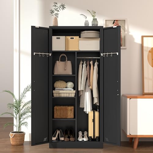 Black Metal Armoire Wardrobe with 2 Doors, 1 Adjustable Shelf, 2 Drawers, and Hanging Rod S392