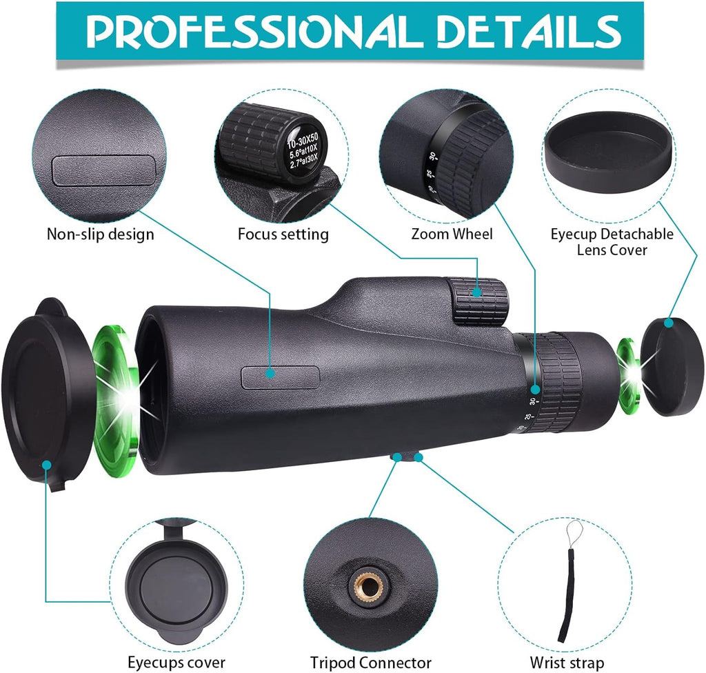 30x50 HD Waterproof Monocular with Smartphone Adapter Tripod BAK4 Prism FMC I79222