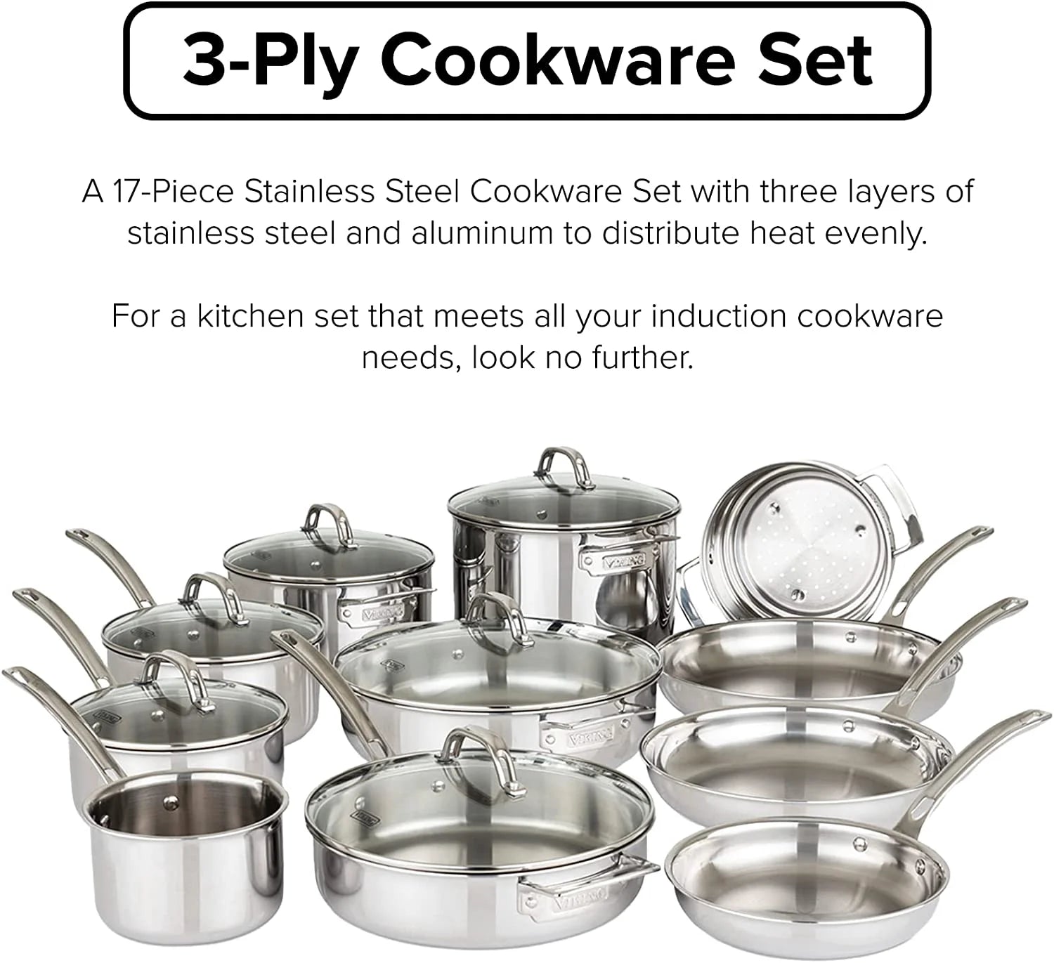17pc Stainless Steel Cookware Set with Glass Lids R737846