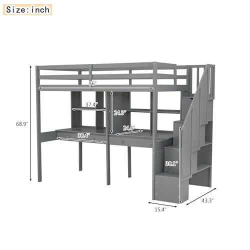 Gray Full Size Wood Loft Bed with Desk, Wardrobe and Three Storage Drawers Q4499