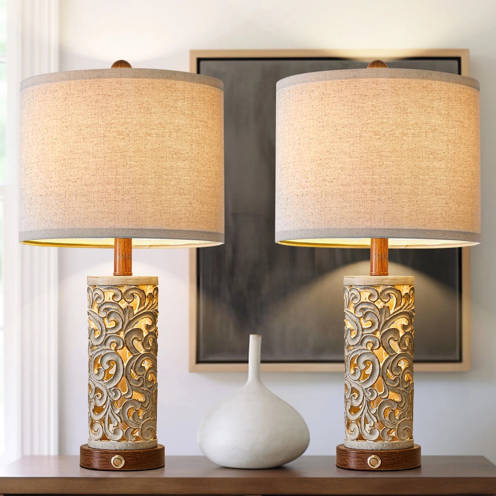 Rustic Table Lamp Set of 2 3 Way Dimmable 22" with 2 USB Ports X869
