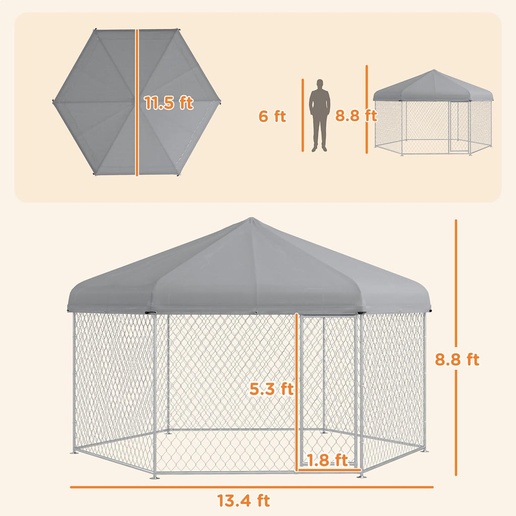 13.4' x 11.5' x 8.8' Dog Kennel Outdoor Dog Run with Waterproof Roof, Lockable Door, Silver H42765