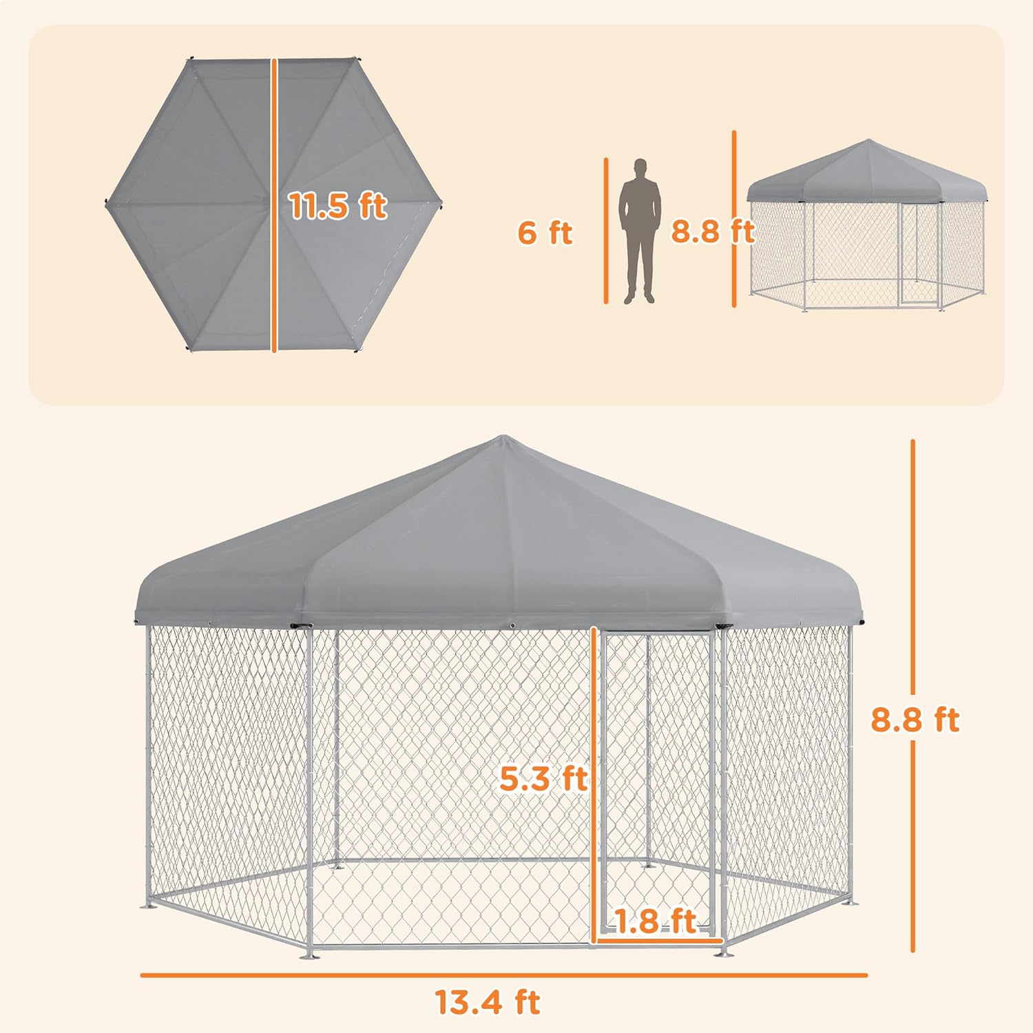 13.4' x 11.5' x 8.8' Dog Kennel Outdoor Dog Run with Waterproof Roof, Lockable Door, Silver H42765