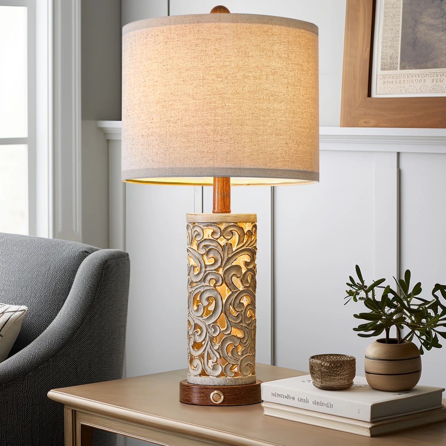 Rustic Table Lamp Set of 2 3 Way Dimmable 22" with 2 USB Ports X869