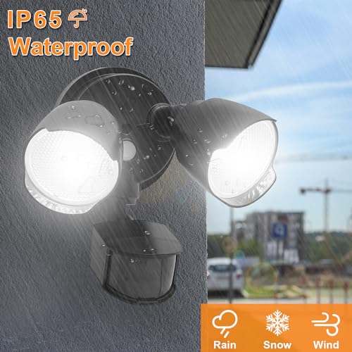 15W 1500 Lumen LED Security Lights with Motion Sensor Outdoor, 3000K/5000K Light, IP65 Waterproof, Dusk to Dawn, Dual-Head Flood Wall Light (Black) W282