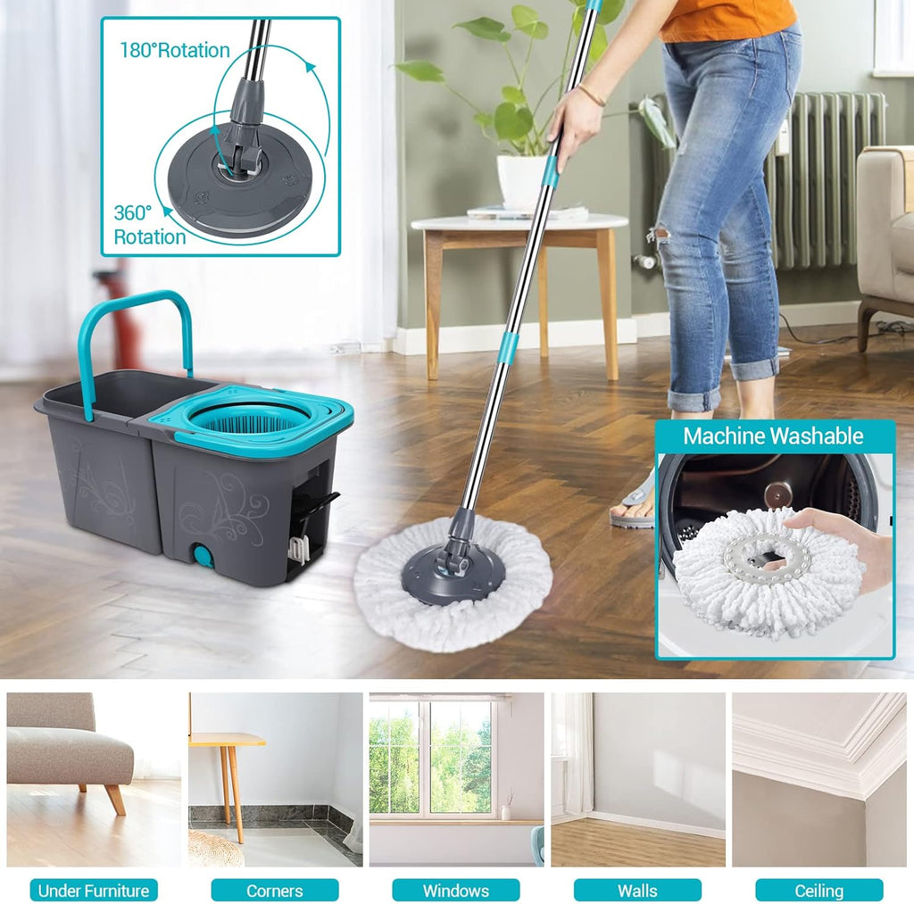 Spin Mop and Bucket with Wringer Set, Microfiber Mop Bucket with 6 Replacement Refills R897