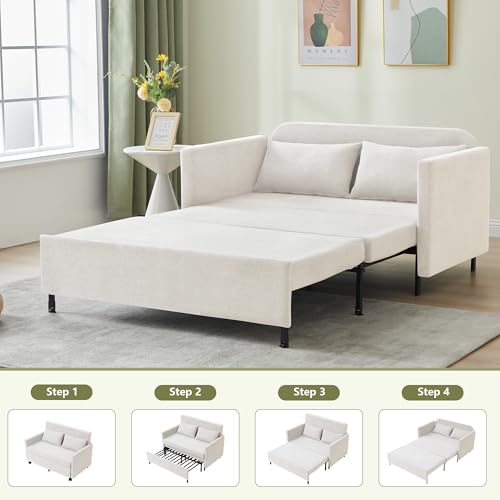3-in-1 Sleeper Sofa Bed, 51'' Convertible Folding Couch with Pullout Bed, Chenille Futon Sleeper Sofa with Side Table and 2 Pillows, Grey X492320