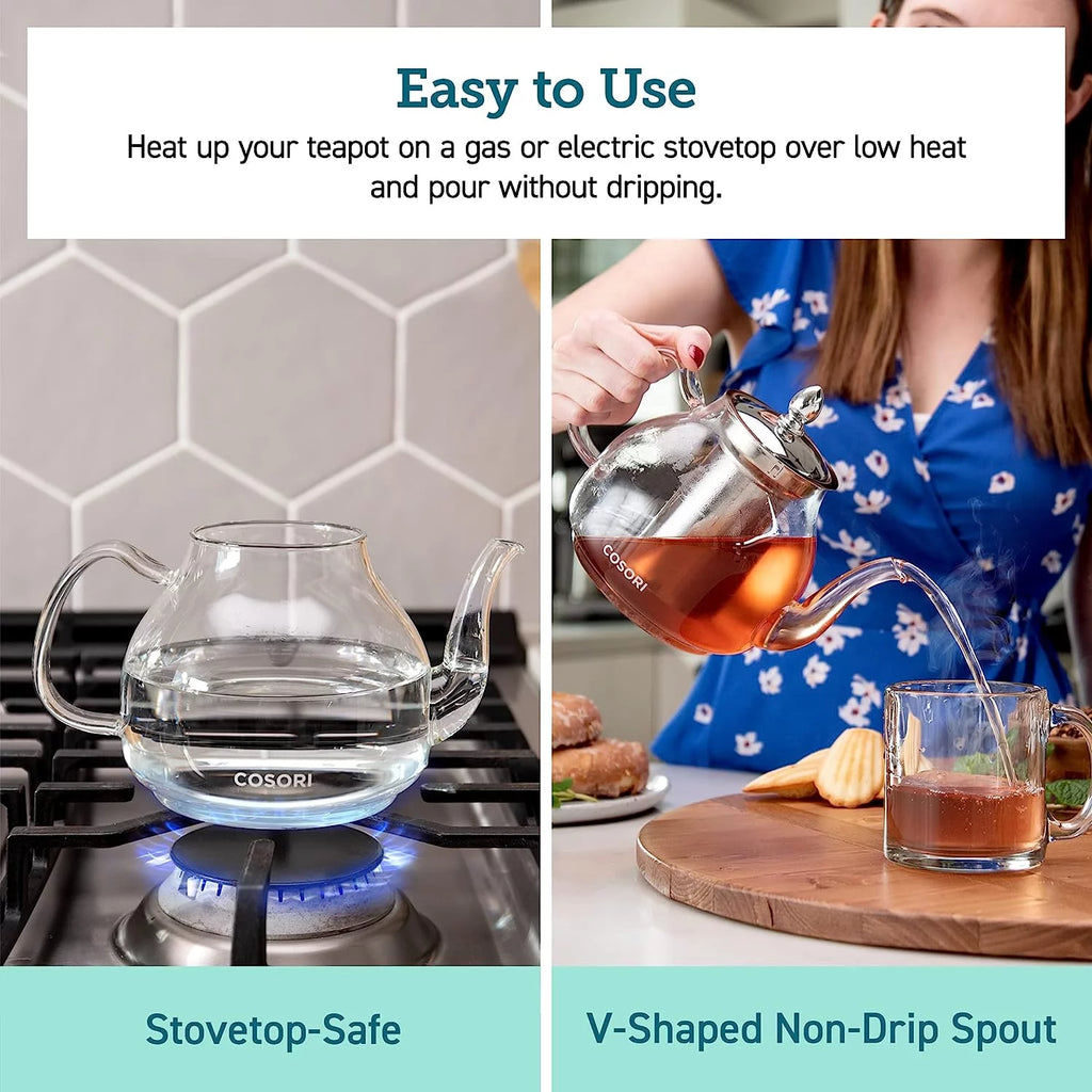 Glass Teapot Stovetop Gooseneck Kettle with Removable Stainless Steel Infuser, Borosilicate, 1000 ml, Transparent H975209