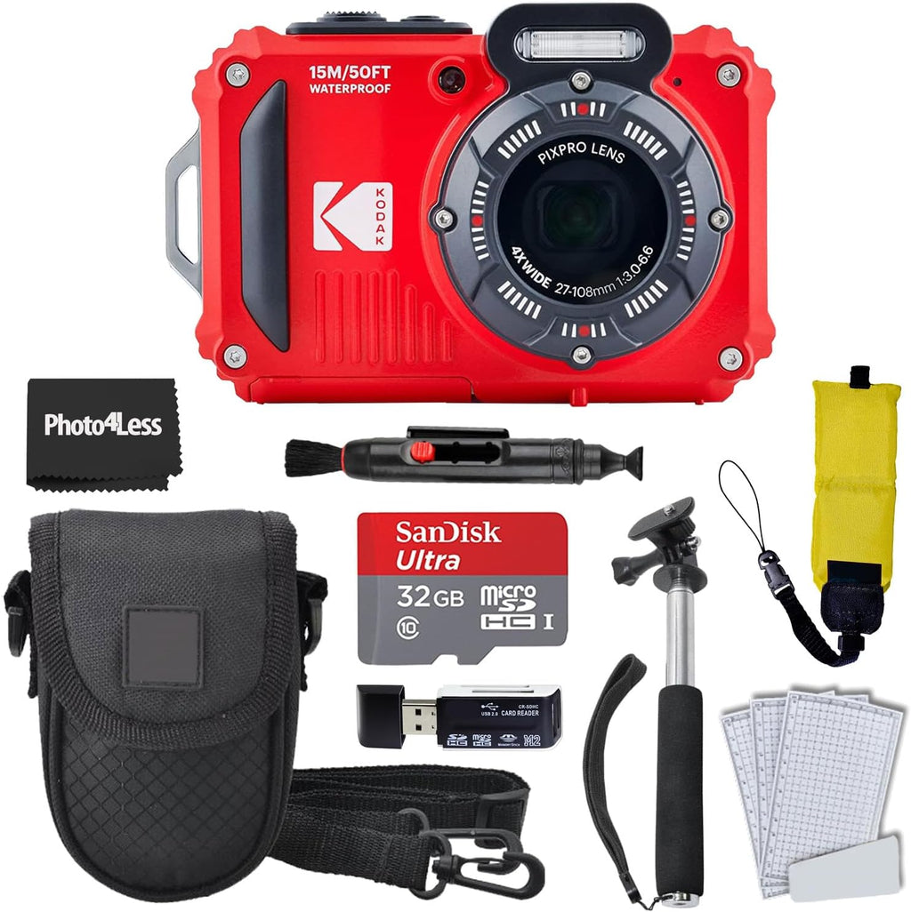 Red Rugged Waterproof Digital Camera with Case, Monopod, Card Reader (9 Items) F678706