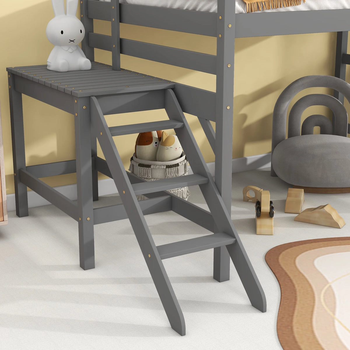 Gray Full Wood Loft Bed with Safety Rail and Ladder P535