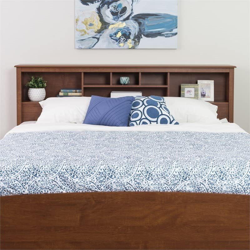 King Size Wood Bookcase Bed Headboard and Cabinet Storage in Cherry N2719