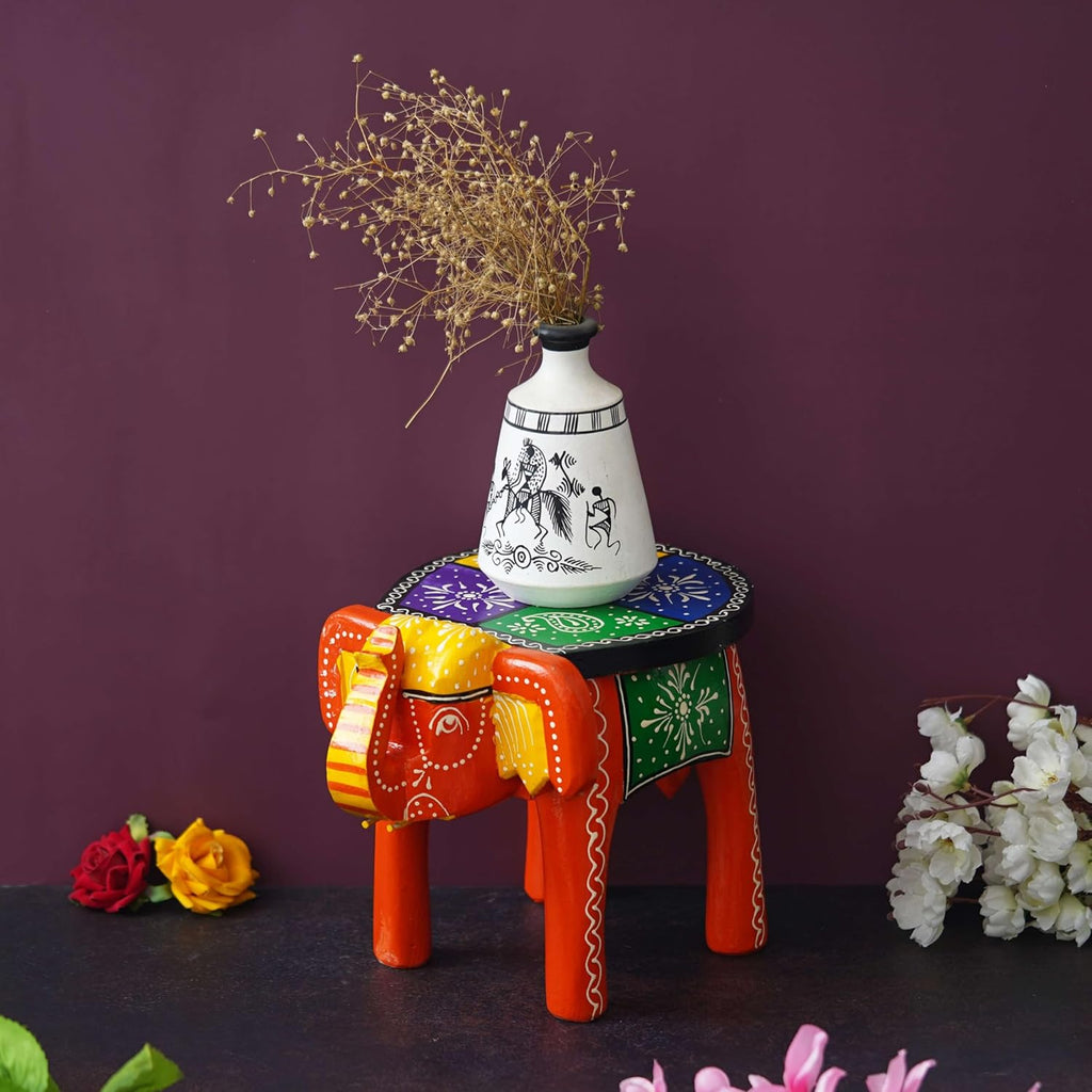 Handcrafted Emboss Painted Colorful Wooden Elephant Shape Stool Table Medium T603