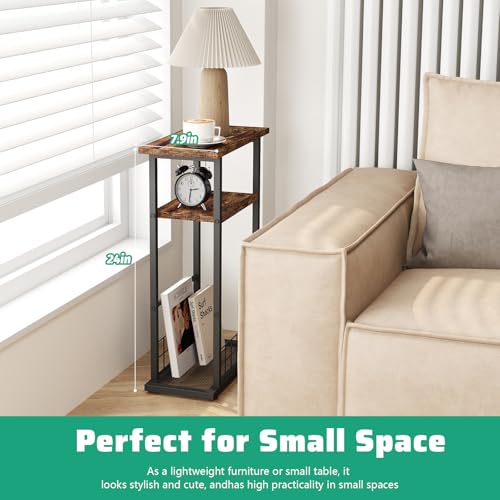 3-Tier Narrow End Table with Magazine Holder Rustic Brown Q51040