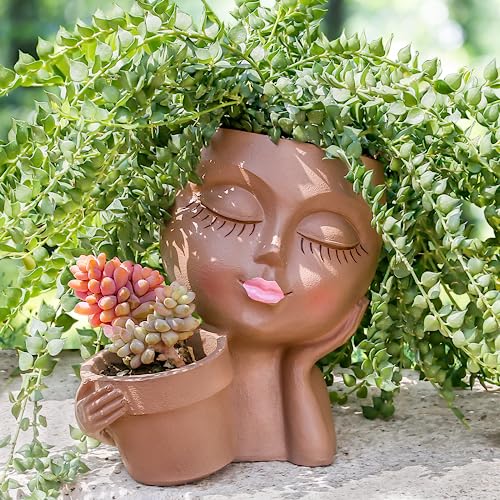 Khaki Lady Face Planter Pot with Drainage Hole A57503